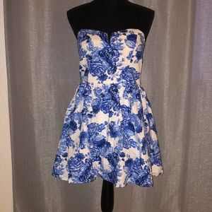 Blue Floral Strapless Sun Dress